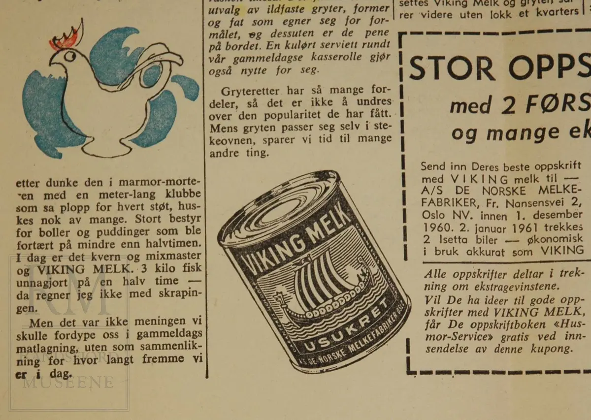 Et ark, trykt på den ene siden, brettet firdobbelt.
Reklame for Viking Melk fra De Norske Melkefabrikker, Oslo. 