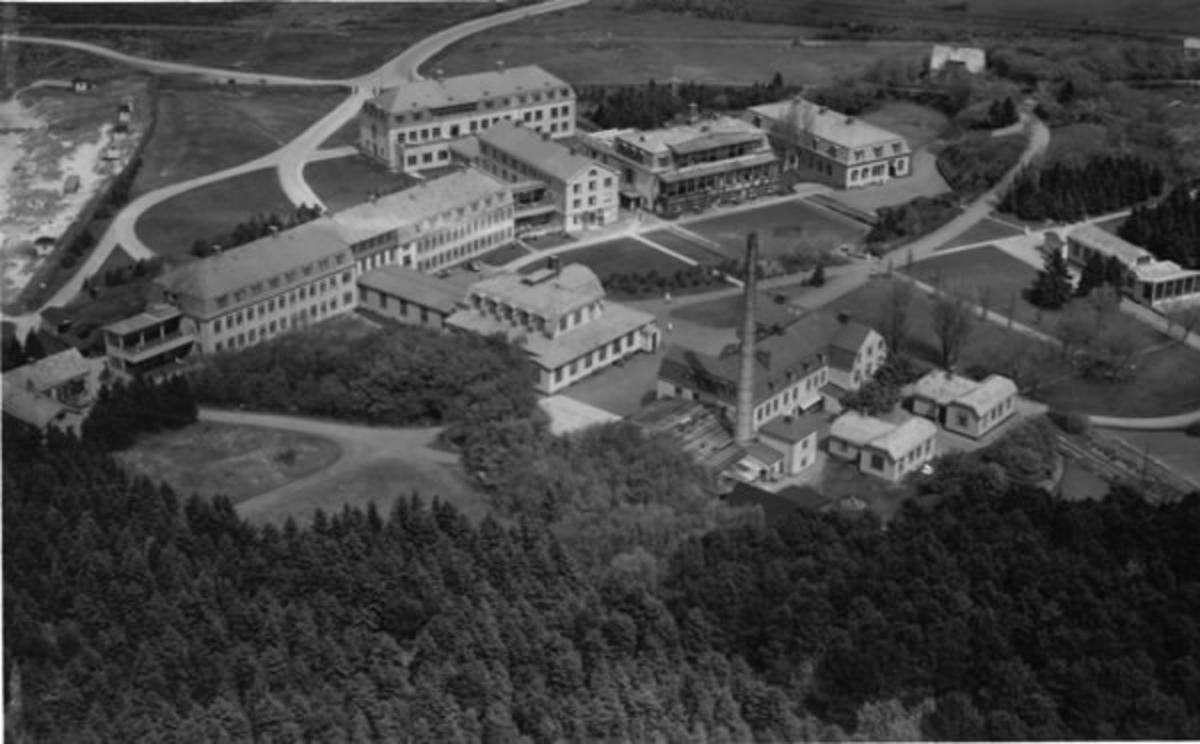 Flygbild på låg höjd från sydväst över Kustsanatoriet Apelviken med det skogsklädda berget i förgrunden. Till vänster ses Lilla Apelvikens strand med badhytter. Fotografiet ämnat för vykort, "Kustsanatoriet, Apelviken, Varberg. 1955."