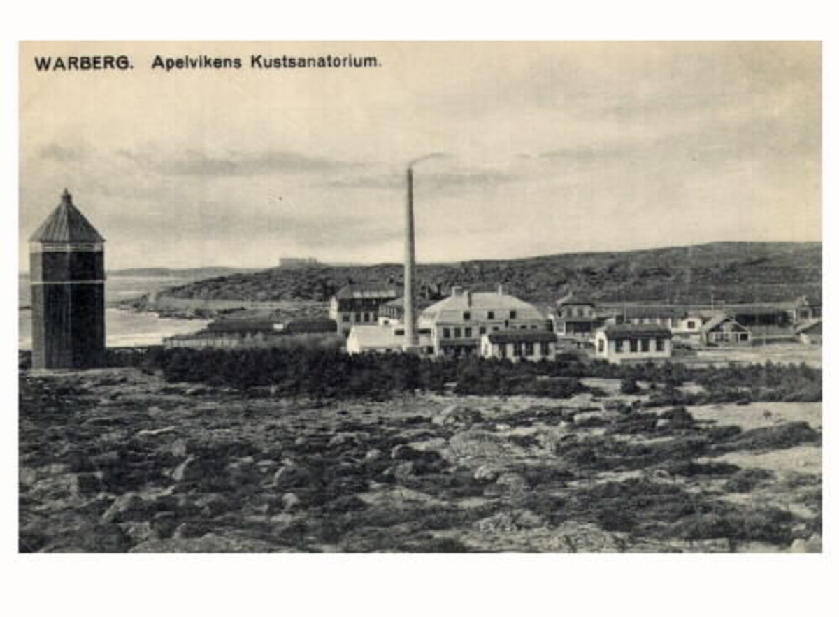 Vykort, "Warberg. Apelvikens Kustsanatorium:" Vy från Subbeberget över Kustsanatoriet Apelviken. Till vänster ses ett vattentorn och i bakgrunden Varbergs fästning.