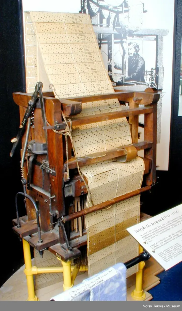 Jacquard mekanismen består av kroker, nåler med spialfjærer og et prisme (kortvalse) med tilhørende hullkort bundet sammen i en remse. Hullkortene ledes (rundt) prismet som har en frem- og tilbake bevegelse. For hvert innslag i veven behøves et Jacquard- hullkort. (Der hullkortet har et hull går renningen ned- der det ikke er et hull går renningen opp). Hver gang prismet beveger seg til siden, tar en hake fatt i hjørnet på prismet og vrir den 1/4 omdreining, slik at et nytt kort vendes mot nålesoissene for å bestemme hvilke kroker som skal heves ved neste innslag. Elektronisk styrte Jacquard vevstoler for industriell produksjon er i dag i bruk over hele verden.