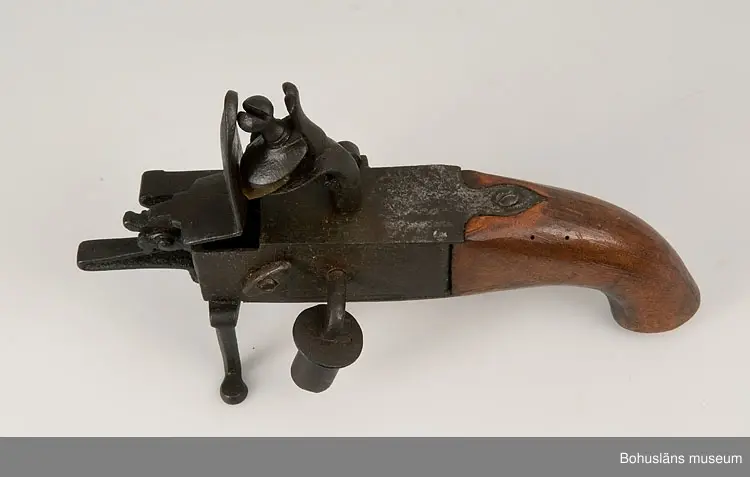 Ur handskrivna katalogen 1957-1958:
Elddon, "1800".
L. 22, H. c:a 13 cm; ett flintlås monterat m. handtag av trä och 2 fötter av järn; på sidan en lucka på gångjärn, m. regel, på denna (d.v.s, på luckan) en ljushållare av järn. Helt.

Lappkatalog: 90