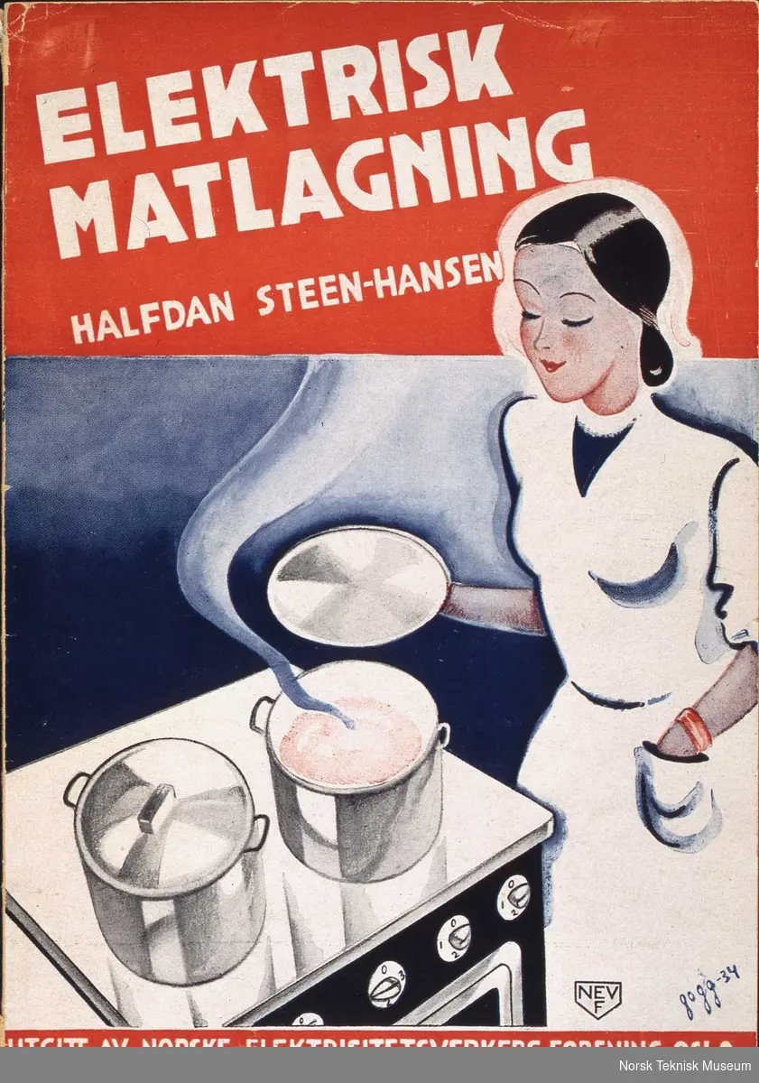 Forside til boken Elektrisk matlagning av Halfdan Steen-Hansen, utgitt av Norske elektrisitetsverkers forening, Oslo i 1934