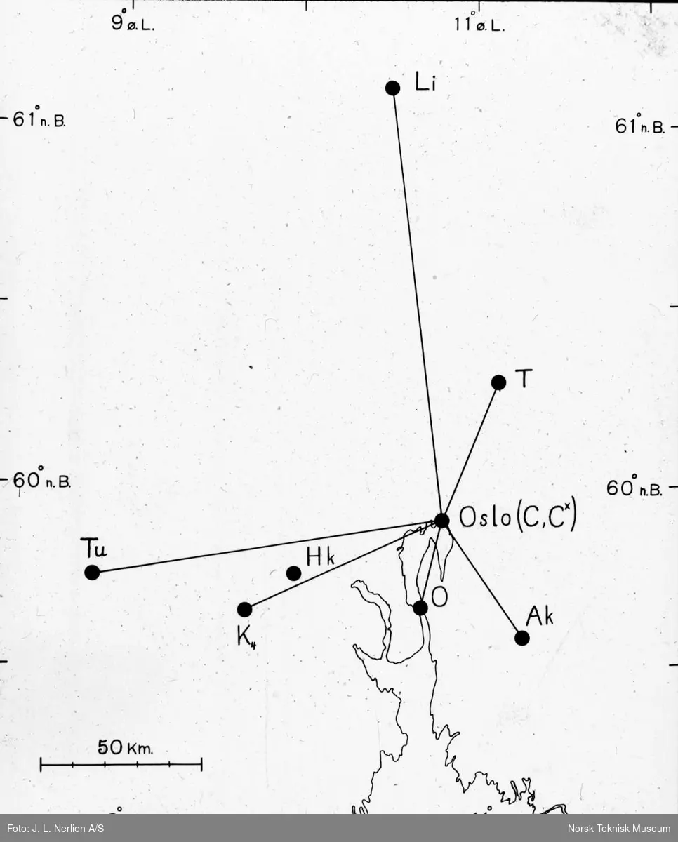 Kart over Carl Størmers observasjonsstasjoner for nordlys