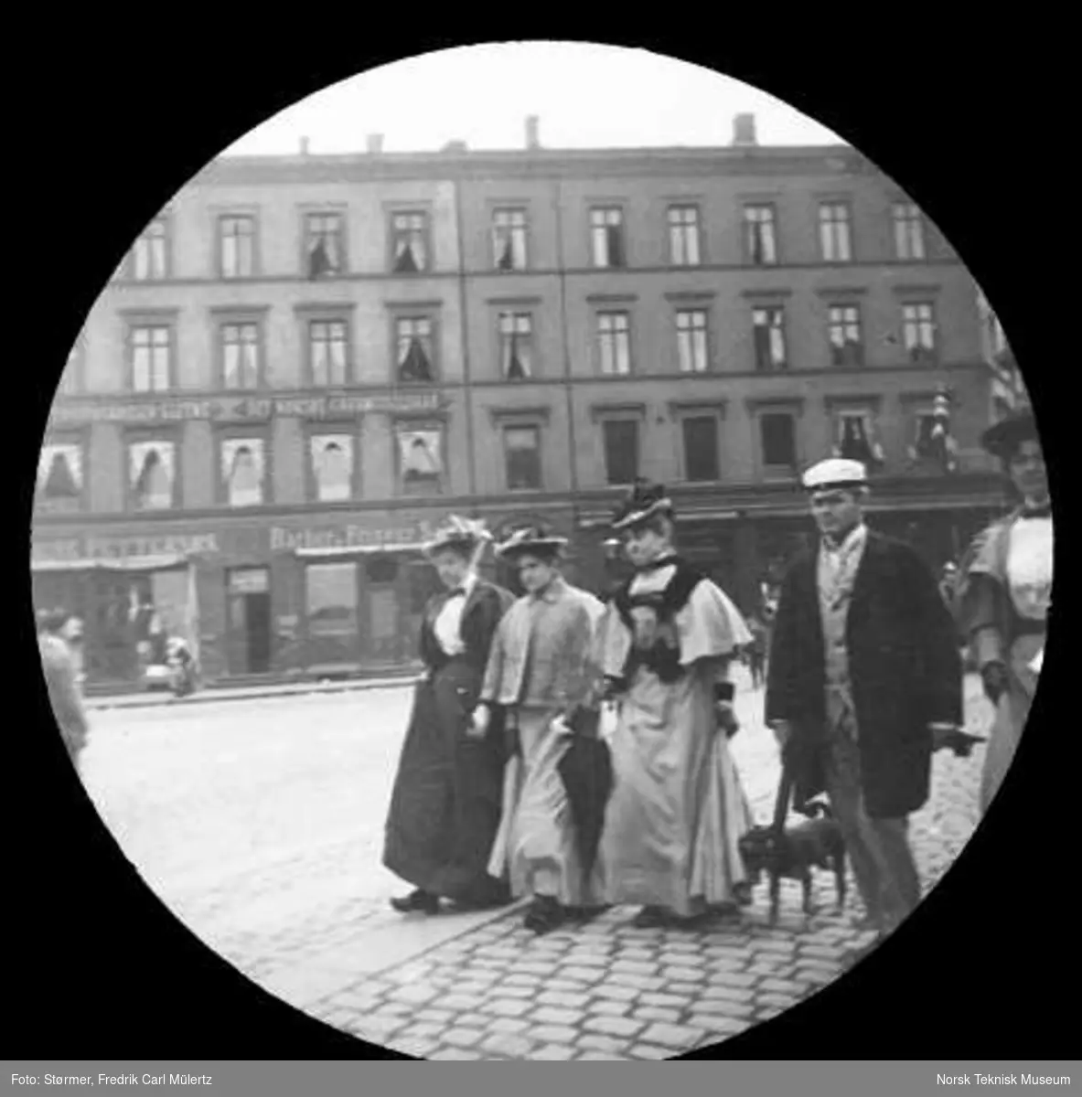 Frk. Schweigaard (senere fru Stang), frk. Schweigaard (senere fru Kristoffersen), frk. Bonnevie, Otto Løvenskiold, frk. Fearnley (senere fru Michelet) fotografert i Oslo