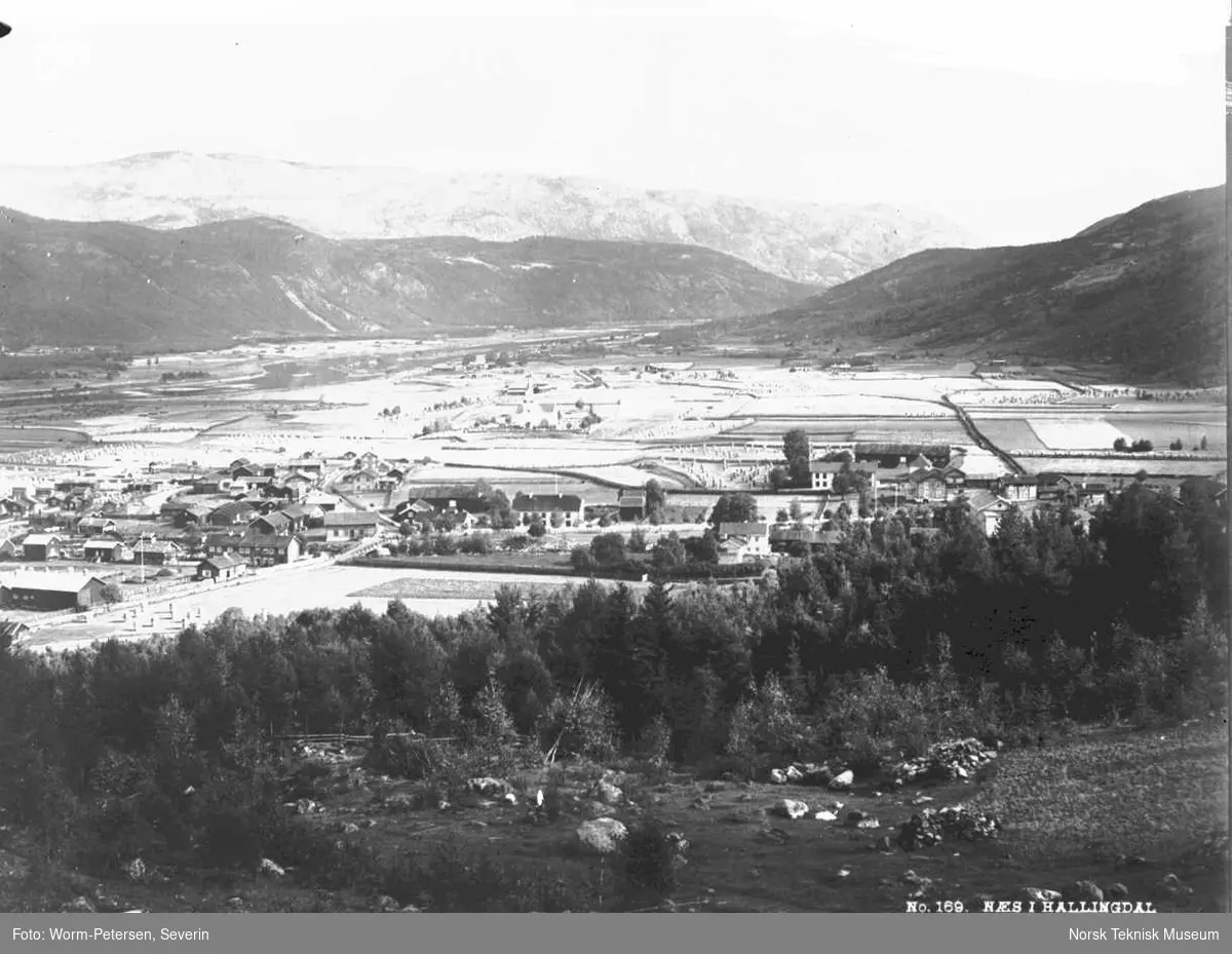 Nes i Hallingdal. Oversiktsbilde over Nesbyen sett fra husmannsplassen Laabråten, senere kalt Brekkebråten, plass under gården nedre Høva. Bildet er tatt østover mot fjellene ovenfor Liodden. Midt i bildet er kirken, Nes kirke, også kalt Hallingdomen på grunn av sin størrelse