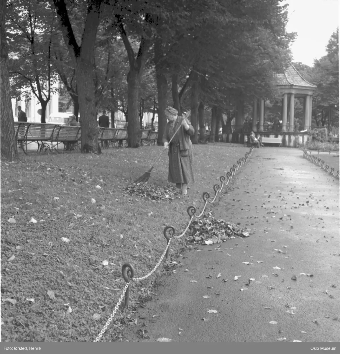 park, kvinne, parkarbeider, løvraking, musikkpaviljong, benker