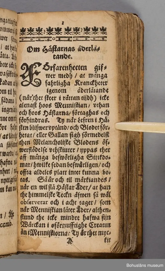 Originalupplaga tryckt i Stockholm 1647 hos Heinrich Keyser.
12:o., duodecimoformat,  (8), 258, (8) sidor. Nött helskinnsband. Oläslig namnteckning på pärmsidans insida tillsammans med täta anteckningar och årtalen 1659. Inlagan hårt skuren. Originalupplagans utvikbara plascher saknas.

Sammanbunden med Mårten Behms ( även Martin Böhme) (1559-1636) bok "Een ny och ganska nyttigh Läkiarebook om Häste Läkedomar" som är den andra på svenska tryckta boken om hästvård- och skötsel, utgiven 1648 i Stockholm hos samma tryckare. Behms bok ligger först i inbindningen.