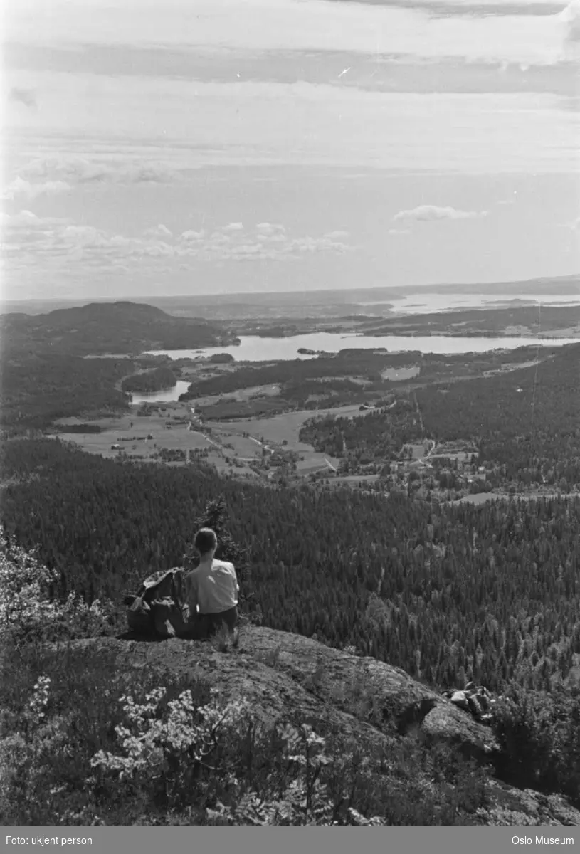 kvinne, ryggsekk, utsikt, dal, vann, kulturlandskap, skog, fjord