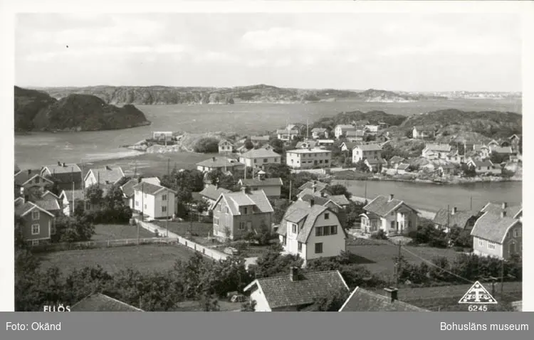 Tryckt text på kortet: "Ellös."
Noterat på kortet: "Ellös Morlanda sn. Orust."
"Utsikt över Ellösfjorden mot sydväst, i fonden Lavö, längst till h. Gullholmen."