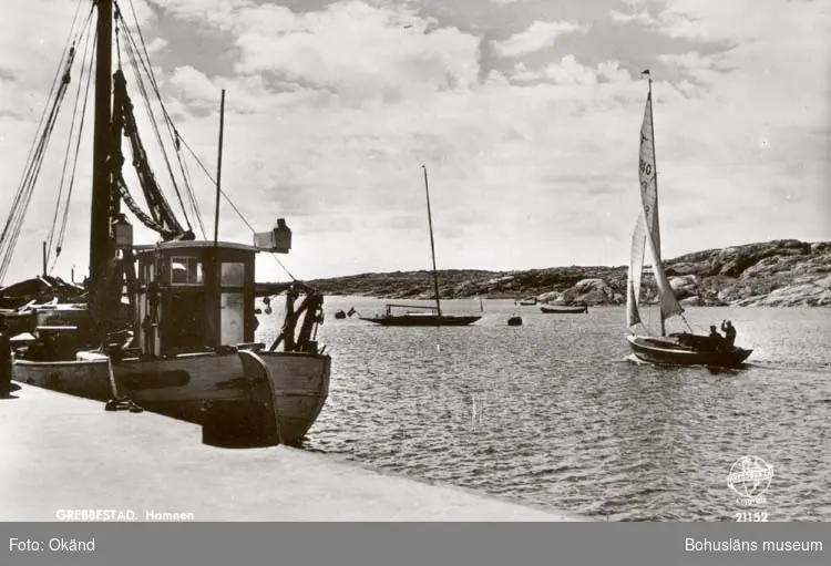 Tryckt text på kortet: "Grebbestad. Hamnen."