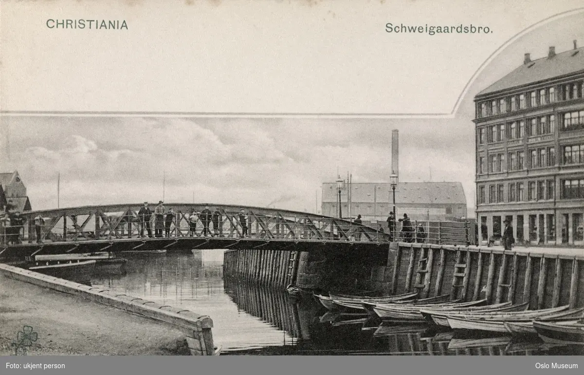 Schweigaards bro, elv, robåter, mennesker, bygård