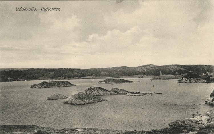Tryckt text på vykortets framsida: "Uddevalla, Byfjorden."
