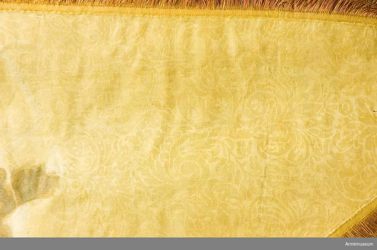 Duk av brandgul damast, varå är målat, omvänt lika å båda sidor ett griphuvud i brunt, krönt av en öppen krona i silver. Runt kanten löper en 45 mm bred frans av gult (?) och rostbrunt silke; duken är fäst vid stången med gult sidenband och förgyllda mässingspikar.

Stång av furu, niosidig med tre refflor och tre förstärkande skenor ovan greppet, nedtill avsågad, i senare tider blåmålad, stången är försedd med en 80 mm hög konisk klack av järn samt med löpande bärring. Stång 2750 mm, till greppet 460 mm, greppet 190 mm, till duken 1040 mm. Diameter upptill 32 mm, nedom duken 50 mm, ovan greppet 62 mm i greppet 55 mm. Spets av förgylld mässing, bladet snedböjt.
