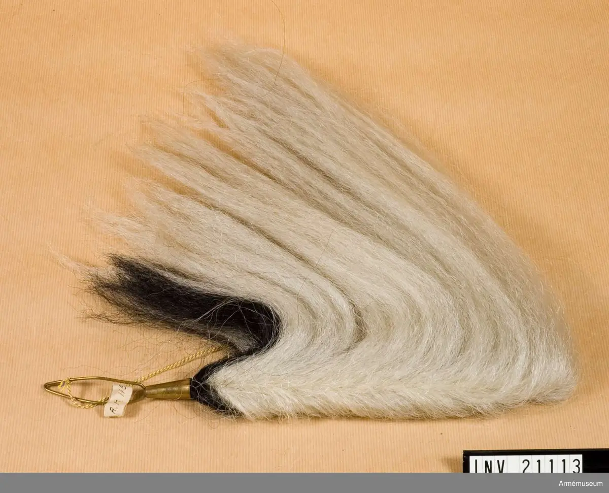 Hängande plym av vit och svart tagel. Ståndare av mässing.