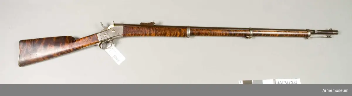 Grupp E II.
1867 års gevär m/1868. Antal räfflor 6 st, räffelstigning 1 varv på 104,7 cm. Loppets rel. längd 78 kal. Kulans vikt 24 g. Krutladdningens vikt 4,25 g. Utgånghastighet 395 m/sek.

Pipan är brungjord och rund, men har baktill på var sida en platt. En hög, fyrkantig kornklack, vilken även tjänstgör som bajonettklack åt stickbajonetten, sitter 2,4 cm bakom mynningen. I klackens översida är foten på det i sidled rörliga stålkornet inlaxad. På pipans högra sida 8,1 cm bakom mynningen finns en 3,1 cm lång, 0,6 cm bred och 0,4 cm hög klack. Längst bak på densamma yttersidan sitter ett 1,4 cm långt, 1,1 cm brett och 0,3 cm tjockt, utskjutande parti, som tillsamman med klacken bildar en för sabelbajonett avsedd för bajonettklack.

Ramtrappsiktet är blånat och sitter uppå en  6,7 cm framför främre lådkanten med tenn fastlödd fot. Siktfoten har tre trappstegsformiga avsatser. I bottnen på siktfoten finns siktfjädern, som längst fram fasthålles av en skruv. Baktill har siktfoten på var sida ett uppstående "öra" , som har hål för siktarmens axel. Ramen är rörlig kring denna axel och verkar siktfjädern på ramens ände ung. som fjädern i en fällkniv på knivbladets bakre ände. Framtill har siktrammens ett inlaxat och med en skruv fäst huvud, som å över- eller baksidan 0,8 cm bakom framänden har en uppstående siktbalk. Denna senare skulle på sin övre kant ha en siktskåra, men dessutom genombrytes siktbalken längre ned av ett halvmånformigt hål, vars raka nedre kant ävenledes borde vara försett med siktskåra. Ramen har en löpare av stål, vilken borde vara försedd med siktskåra. Löparen kan skjutas fram och tillbaka på ramen. Siktskårorna är varken på sikthuvudets balk eller på löparens uppskurna. När ramen är nedfälld och löparen fullt tillbakaskjuten, svarar siktskåran i sikthuvudets halvmånformiga hål mot 400 fot (119 m) och skåran på balkens överkant mot 800 fot (238 m). De tre "trappstegen" är avsedda för resp. 1 000 fot (297 m). 1 200 fot (356 m) och 1 400 fot (416 m), för vilka avstånd gradering finns å fotens bägge sidor. Ramen saknar å detta gevär gradering, men skulle egentligen ha delningsstreck för avstånd mellan 1 600 och 2 000 fot, resp. 475 och 594 m. För längre avstånd vore  gevär av denna modell ursprungligen icke skottställda.

På pipans undersida 13 cm framför lådans främre kant sitter en 1,15 cm bred, 0,6 hög och längst ned 0,5 cm tjock, upptill litet tjockare än rekylklack, vilken skulle förhindra att framstocken gled framåt vid skottlossningen. På pipans översida längst bak finns ett krönt C samt på den vänstra plattan siffran 3. Baktill är pipan inskruvad i "pipmuttern" eller "låsmuttern" på en av stål förfärdigad låda. Pipmuttern är här 3,675 cm lång samt upptill vid vardera änden snett avfräst på längd av 0,15 cm. I det fyrkantiga mellanrum mellan lådans sidostycken, pipmuttern och underbeslaget sitter en nedifrån insatt, med skåra försedd kraftig tapp, vilken sistnämnda har ett horisonalt och gängat hål. Uti denna "läskstångsmutter" skulle bakänden på läskstången inskruvas. 

Mekanismen är av Remingtons system. (Beskrivning, se "Lärobok om eldhandvapen till begagnade vid arméns skjutskola för officerare", Stockholm 1876-77, del II, sid. 84.) Den överensstämmer helt med mekanismen å 1860-67 års gevär (AM 4546). I vardera överkanten på lådans sidostycken finns alldeles bakom pipmuttern en gaskanal, genom vilken gaserna skulle utgå i den händelse att patronhylsan sprack. Slutstycket är inrättat för kantantändning samt är detsammas handtag, "slutstycksgrenen", på denna modell rätt tunn och uppåt lite bakåtböjd. Krusningen på framsidan går in på grenens överkant och avslutas där av tvärgående rand. Hanens slagarm, liksom tumgreppsgrenen, är 1,1 cm tvärsöver Tumgreppet är på framsidan krusat. Hanens baksida är mellan tumgreppet och hanens nedre del ej så starkt insvängd som på 1867 års gevär m/1867.