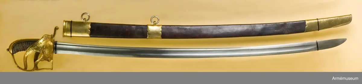 Sabeln är lik modellsabeln AM 36629, men avviker i frågan om fästets ornering. Den på kappan kring nitknappen anbringade ciselerade kransen är här större och går ned på ryggbeslaget och den på yttersidans parerplåt anbringade skölden med tre kronor är här större, ej krökt, nära nog cirkelrund och de sillerade palm- och lagerkvistar, som omger denna sköld, är här vida större och går in på ytterspängerna. Egendomligt nog finns såväl i Livrustkammaren som i ingenjör Orres samling sablar av denna typ, som på klingan har svenska riksvapnet med hessiska hjärtvapnet.