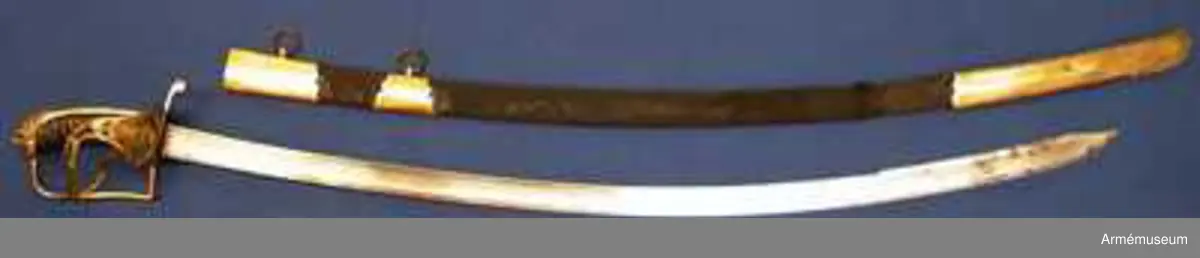 Klingans bredd upptill: 30 mm.Klingan är krökt, skålslipad och har nedtill en svart  betonad, tveegad klack. Fästet är av förgylld mässing. Kaveln är klädd med svart skinn en spiralräffla 16 varv. I bottnen på denna räffla är en av två parter hopsnodd, tunn mässingtråd anbringad. Baktill har kaveln ryggbeslag, som upptill övergår i en kappa, vilken är ciselerad i form av ett lejonhuvud och på vilken sitter en liten nitknapp. Parerstången är en rak och har fyrkantigt tvärsnitt samt av- slutas baktill av en nedböjd, på sidorna med ett spiralornament prydd knapp. Från parerstången främre ände utgår handbygeln i rät vinkel. Handbygeln är längs mitten litet försänkt och har längs var och en av framsidans kanter en ingraverad rand. Litet framför kappan genombrytes den av ett runt hål, och kring detta hål finns ciselerade ornament vilka bilda en stiliserad krans. På yttersidan finnes en uppåtböjd, delvis genombruten parerplåt, som är prydd med krönt sköld med tre kronor, vilken sköld omgives av ett par palmkvistar, allt i ciselerat arbete. Från parerplåtens spets utgår en delvis genombruten och sparsamt med ciselerade ornament prydd S-formig spång, som går till hand- bygelns övre del. På innersidan finns en liknande men mindre, ej genombruten och ej ciselerad parerplåt, från vars spets en S-formig spång går till handbygeln, vilken den träffar något längre ned än ytter- spången. Innerspången prydes längs kanterna av ingraverad rand.