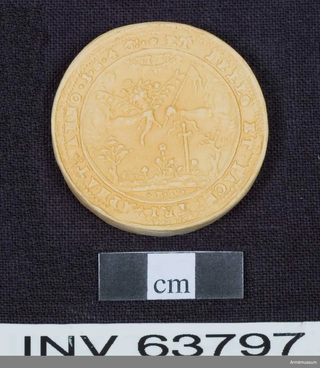 Medalj av 13. storleken. Freden vid Brömsebro den 13 augusti 1645. Medaljen är av brungjort tenn. Kring kanten på båda sidor en fin ornamentsrand.

ÅTSIDAN: "*.:CHRISTINA D:G:SVE:GOT:VAN:Q:REGINA & PRINC: HAE:M: D: F:.*" Bröstbild, nästan framvänd, i prydlig dräkt med stålkrona på nacken. Om halsen ett enkelt pärlband, på bröstet ett smycke. Omgiven av två med lager omlindade palmkvistar, upptill samman- hållna av en lagerkrans.

FRÅNSIDAN: "*ET BELLO ET.PACE.TRIVMPHAT:.ANNO 1.6.4.5:." Två händer sträcks fram från skyar ur motsatta sidor. Den ena handen håller ett ymnighetshorn fullt av blommor och frukter ochh två olivkvistar. Den andra håller en stång med en kluven flagga och har vid armleden ett svärd fastbundet. På marken träd och örter. Överst tecken (hebreiska? Se bilaga.) inom en strålande båge. I avskärningen "H.W."