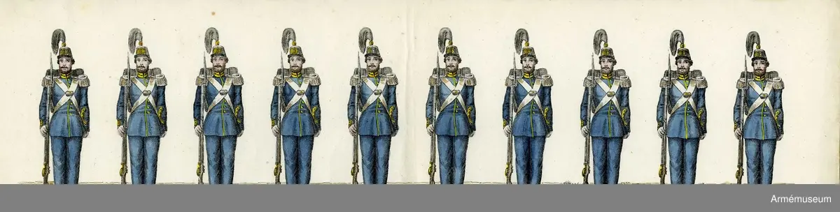 Grupp M I.
Kolorerad litografi föreställande "Svea livgarde". 13 st blad med 10 figurer vardera. H. Lederer i Stockholm (1860-69). 