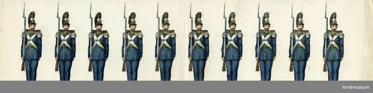 Grupp M I.
Kolorerad litografi föreställande "11:e Gardet".  5 st blad med 10 figurer vardera. H. Lederer i Stockholm (1860-69).