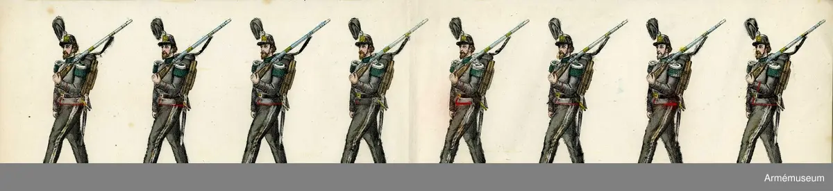 Grupp M I.
Kolorerad litografi föreställande "Norska Skarpskytter". 4 st blad med 8 figurer på varje. H. Lederer i Stockholm (1860-69). 