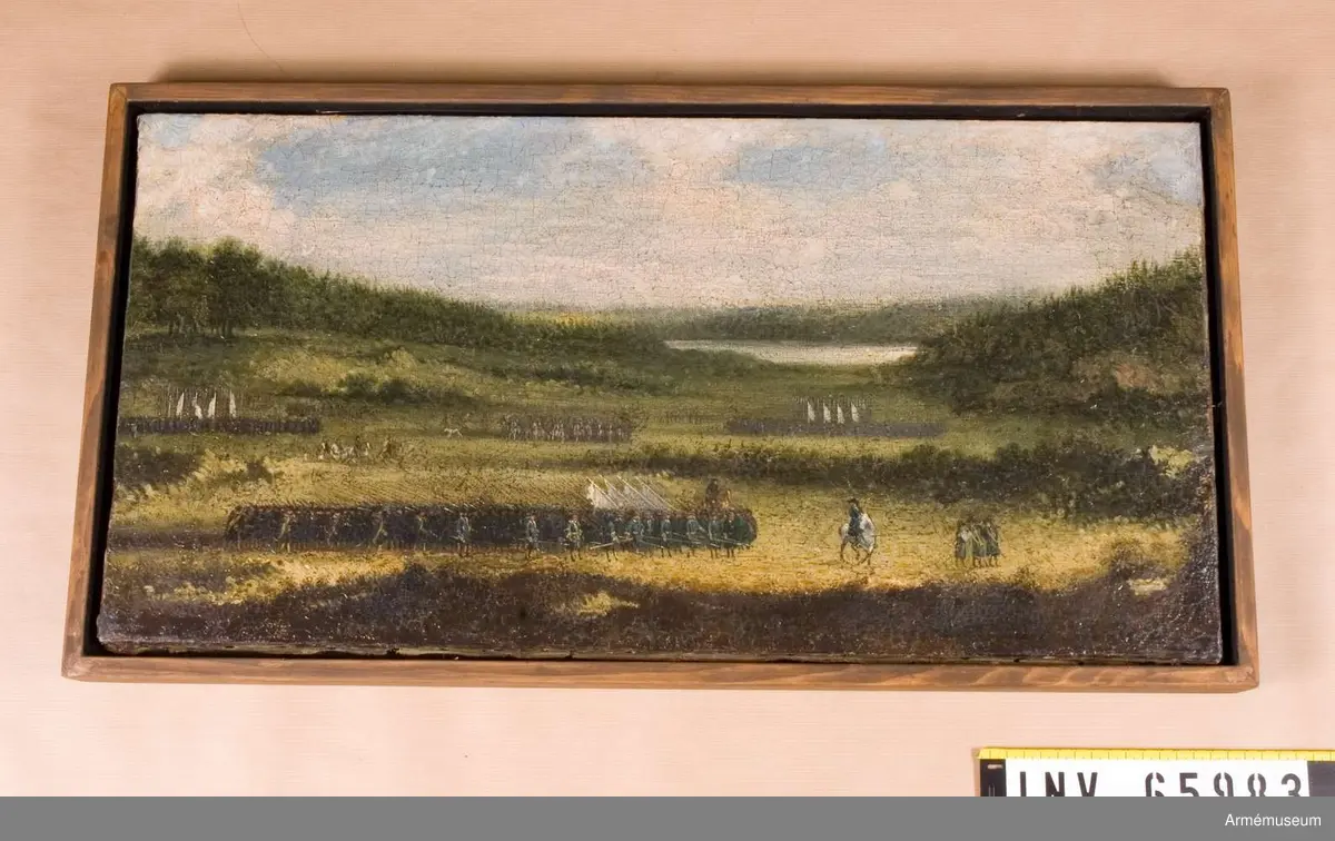 Oljemålning föreställande "Trupprevy för konung Karl XI å Ladugårds-gärdet i Stockholm". Målningen är utförd av Johan Filip Lemke (1631-1711).
Etikett med text "22.4-1.12.1971 utlånad till Kungl. Armémuseum tillfälliga utställning "Takt och ton", under följande etikett: Johan Philip Lemke 
Karl XI övar Livgardet till fot på Ladugårdsgärdet
22 och 25 juni 1691, dagarna kring midsommarfesten, övade Karl XI Livgardet till fot på Ladugårdsgärdet och lät dem "träffa uppå varandra med de stora bataljonerna" (Karl XI:s dagboksanteckningar). Vart kompani förde en vit fana. Den marscherande truppen föregås av tre skalmejblåsare.
Etikett med text: 1970 Registrerad och fotograferad av Svenska Porträttarkivet Nationalmuseum