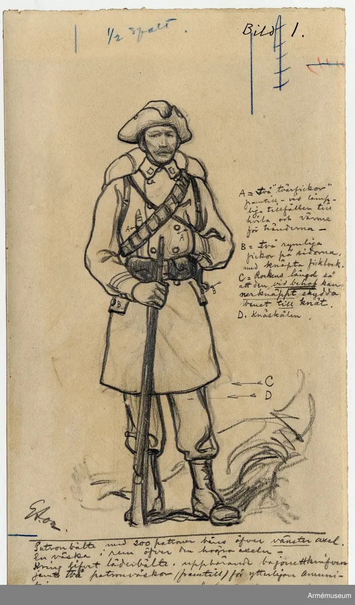 Förslag till ny uniform, utförda av Gustav Ancarcrona 1902. Sju inglasade teckningar. Ekram.