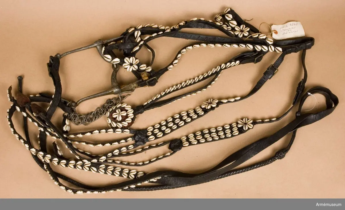 Snäckbetsel med stångbetsel, bridong, förbygel och ländstycke.
Brode kallas: Snäckbetsel samhörande förbygel och ländstycke. Allt besatt med kauri snäckor.
S n ä c k b e t s l e t utgöres av b r i d o n g och s t å n g b e t s e l.
B r i d o n g e n består av huvudlag, bridongbett och bridongtyglar. 
Huvudlaget består av:
a/ två sidstycken, fastsydda vid tygelringarna och på vänstra sidan hopspända med varandra. 
b/ pannrem, rörlig.
Bridongbettet är mycket smäckert, tredelat, med runda 30 mm stora tygelringarna.
Bridongtyglarna äro hopsydda med varandra och fastsydda vid tygelringarna.

S t å n g b e t s l e t består av huvudlag, stångbett och stångtyglar.
Huvudlaget består av:
a/ två sidstycken, hopspända med varandra över hästens nacke och sammanfästa med stångbettet och flyglarna.
b/ två flyglar, hopspända med sidstyckena. 
c/ pannrem är fastsydd vid sidstyckena och har två stroppar. 
d/ käkrem är tvådelad och förlängd samt hopspänd med pannremmens stroppar.
e/ kryssrem med fem rosetter.
f/ nosrem löper rund om nosen och käken och är försedd med en sölja. 
Stångbettet har tvådelat mellanstycke, fasta sidstänger, vridbara tygelringar och lös kindkedja.
Stångtyglarna äro försedda med en löpare, hopspända i tygelringarna, hopsydda med varandra och sammanfästade med en flätad ridpiska.
Förbygeln är försedd med en 170 mm stor åttauddig stjärna.
Ländstycket är försett med tre rosetter. 
(Kikulis 1954)