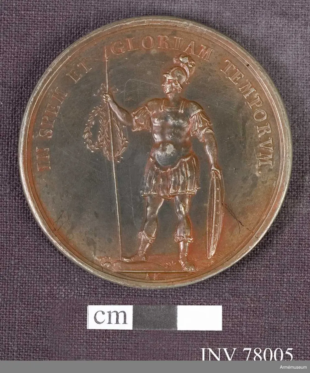 Grupp: M. 
Åtsidan: CAROLVS. XI. D. G. REX. SVECIÆ. Bröstbild åt höger, lagerkransad, i harnesk med fyrkantig öppning om den bara halsen och mantelveck upplagda över axeln - under armen: A. K.

Frånsidan: IN SPEM ET GLORIAM TEMPORVM. Konungen, i antik krigsdräkt, hållande i högra handen en upprätt lans och två lagerkransar, (De två lagerkransarna hava avseende på segrarna vid Halmstad och Lund.) stödjande den venstra på en sköld. I avskärningen: A. K.