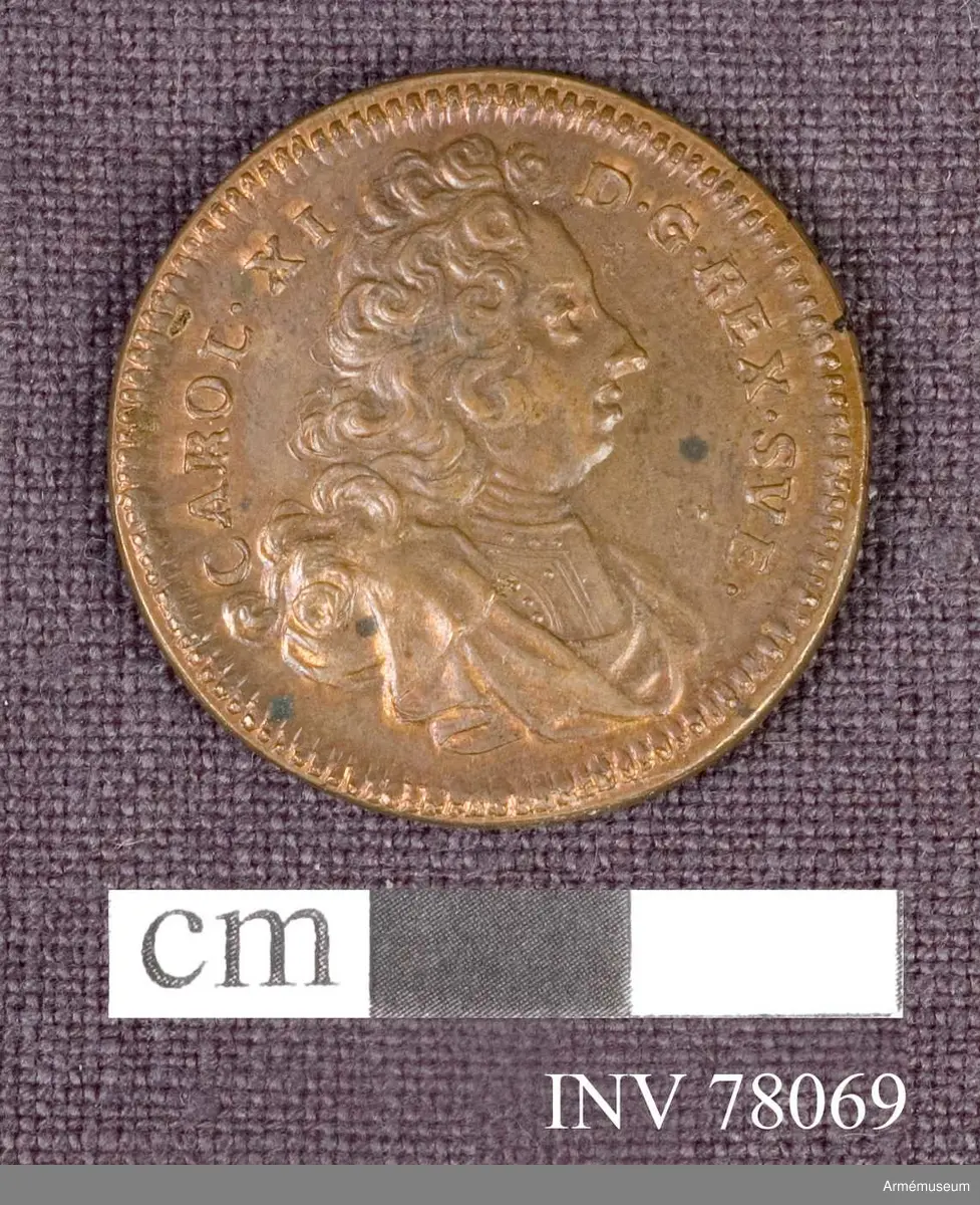 Grupp: M. 
Åtsidan: CAROL. XI. D.G. REX. SVE. Bröstbild åt höger i harnesk och mantelveck.
 
Frånsidan: REDO. VETERES. AVCTVRA. TRIVMFOS. (Egendomligt nog står det TRIVMFOS. inte TRIVMPHOS). En kvinna (Skåne), i antik dräkt, knäböjer med talande åtbörd framför konungen, som står klädd i antik rustning och mantel, spjut, svärd och sköld, huvudet bart. (Jämför den elest lika no 6675, där konungen bär lagerkrans, kompl. Peyron). På marken en sköld med Skånes vapen. På fästet en sky. Medaljen pärlkantad.