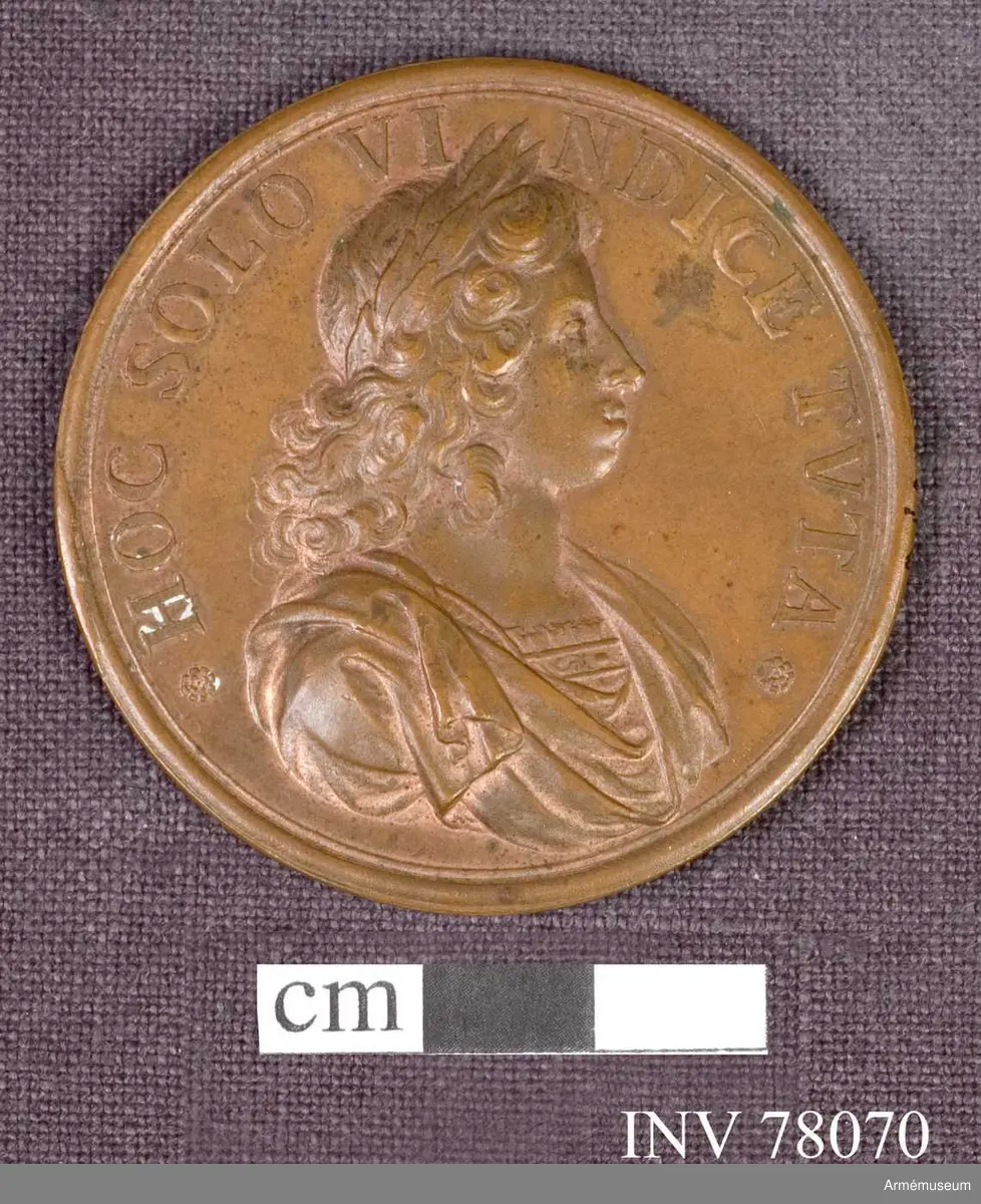 Grupp: M.
Åtsidan: HOC SOLO VI NDIGE TVTA. Konungens bröstbild åt höger, lagerkransad, i harnesk med fyrkantig öppning kring den bara halsen och mantelveck omlagda över axeln - På ett veck AK. 

Frånsidan: REDEO. VE TERES, AVCTVRA:TRIVMFOS. Konungen och en kvinna (Skåne) i antik dräkt, knäböjer med talande åtbörd framför konungen, som står klädd i antik rustning och mantel, med spjut, svärd och sköld. Konungens huvud bart med lagerkrans. (Jämför no. 6674) Framför kvinnan ligger en sköld med Skånes vapen, på vilken hon pekar.