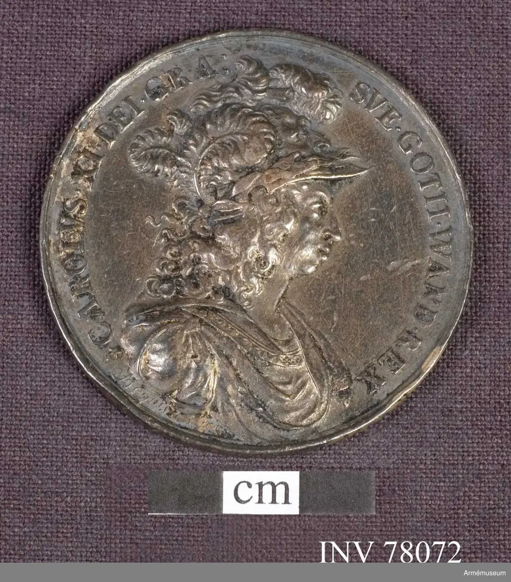 Grupp: M. 
Åtsidan: CAROLVS. XI. DEI. GRA: SVE.GOTH.WAND.REX. Bröstbild åt höger i lagerkransad kask med lejonhuvud över framsidan och fjädrar (plymer Prn), brämade mantelveck, fästade genom ett rutformigt smycke på axeln, därifrån nedhängande i veck - Nedanför: Meijbusch fecit.

Frånsidan: Utan inskrift, jupiter med åskviggen i högra handen på moln, ur vilka frambryta blixtar och breda ljusstrålar, skyddar med sin venstra hand en kunglig krona på toppen av ett högt berg, mot vilket krigare i antik rustning (jättarna eller titanerna) storma. En av kämparna i förgrunden bär en oval sköld, prydd med en rosett. På marken ligga slagna krigare och en sköld, innehållande ett Medusahuvud. Randskriften nästan utplånad.