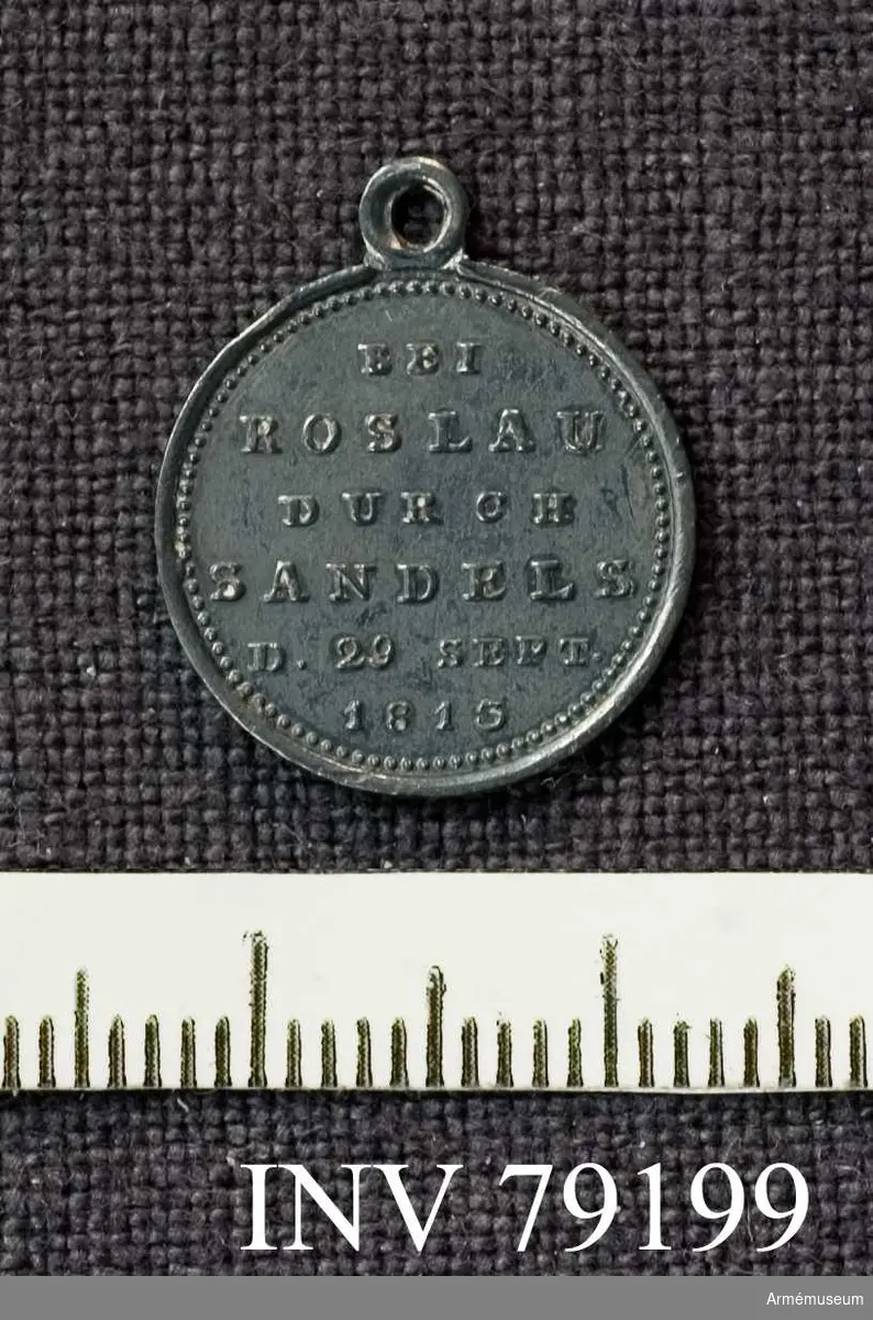 Grupp: M.

Medalj Karl XIV Johan, såsom kronprins, Striden vid Roslau 1813 Befälhavare: fältmarskalken J.A. Sandels

Åtsidan: GOTT SEGNETE DIE VEREINGTEN HEERE. Segergudinnan flygande med ett flammande svärd i högra och en lagerkrans i venstra handen.
 
Frånsidan: BEI ROSLAU DURCH SANDELS D. SEPT 1813 i 6 rader. Kring båda kanterna en pärlrand. Medaljen överst försedd med en ögla.

I Hildebrands minespenningar över enskilda personer uppgives medaljen vara av 2:a storleken. 
Medaljen slagen av C. Loos.