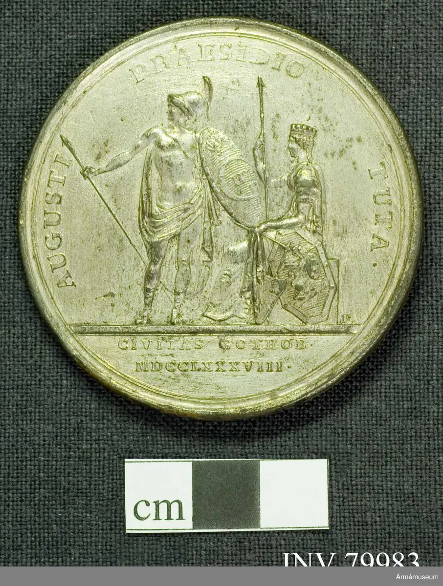 Åtsidan: GUSTAVUS III D.G. REX SVECIAE. Bröstbild åt höger med långt, utslaget, kring halsen uppkastat hår. Nedanför: C.G. FEHRMAN.

Frånsidan: AUGUSTI PRAESIDIO TUTA. Mars står, nästan naken, med ett lätt draperi och kask, hotfullt blickande åt sidan, med ett spjut i högra handen, i den venstra hållande en sköld tecknad med konung Gustafs krönta namnskiffer skyddande framför en sittande kvinna (Göteborg), som bär murkrona (tornkrona) och håller i högra handen ett spjut, i den venstra ett antikt skeppsroder. Vid hennes sida en antik sköld å vilken ses Göteborgs vapen. - I avskärningen: CIVITAS GOTHOB. MDCCLXXXVII. - Vid kanten på fältet: F.