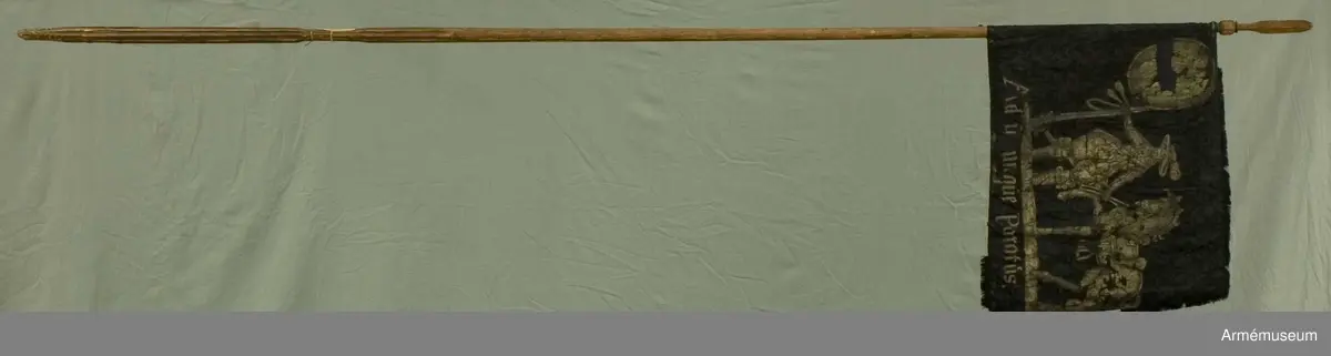 Fanduk av svart europeisk sidendamast med påmålad dekor i silver och grönt. Motivet är en dragon med hatt och kyller hållande en karbin i höger hand och i vänster en häst vid tygeln. På frånsidan Fortuna. På båda sidor är en målad medaljong i stångsidans övre hörn föreställande jungfru Maria med Jesusbarnet stående på en månskära.
Text på framsidan: "Ad utrumque paratus", på frånsidan "Hoffnung erhält mich".