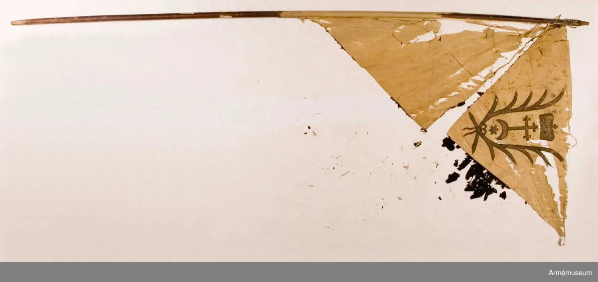 Duken ursprungligen ljusröd med svart St Andreaskors. I översta fältet syns det heraldiska vapnet för den litauiske storhetmanen Mykolas Servacijus Visnioveckis (Michal Serwaci Wisniowiecki). I nedersta fältet som nu är förlorat har enligt Hoffmans avbildning årtalet 1704 varit målat.