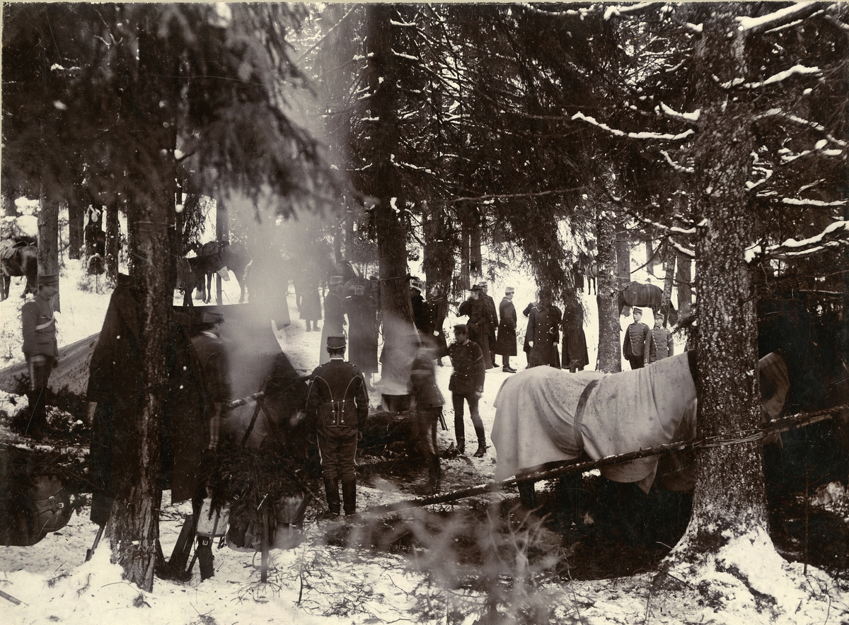 Livregementet till häst K 1 i vinterbivack i skogen. Mitt i bilden syns förbandschef kung Oscar II i samspråk med man, till vänster om dem står en kvinna. I förgrunden lagas mat i kokgrop och en häst står under täcke.