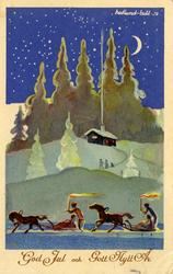 Kort: "God Jul och Gott Nytt År". Slädfärd till julottan.