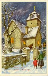 Kort: "God jul och Gott Nytt År". Kyrkobesökare på väg till 