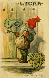 Nyårskort. "Gott Nytt År" i hjärtform. Tomte med nyckel till