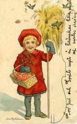 Julkort. Flicka med havrekärve, mistel och korg med äpplen.