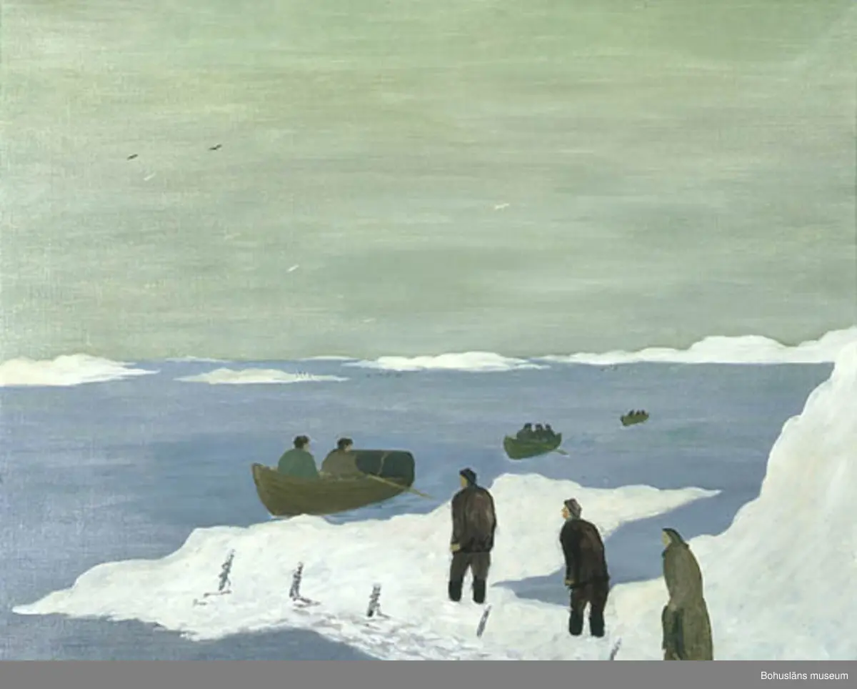 Målningen visas  i basutställningen Bernhardsonrummet, Bohusläns museum, Uddevalla.

Baksidestext: 
"Förr fick man ro eller segla över till Orust för att jordfästa; från öarna i arkipelagen gick sista färden dit.
Folklivsskkildring Skaftö
C.G. Bernhardson."

Litt.: Bernhardson, C.G.: Bohuslänskt folkliv, Uddevalla, 1982, s. 160. Titel i boken: Slutfärd. Titel i bokens register: Sista färden. Från de mindre öarna i arkipelagen gick sista färden till storön. Man rodde eller seglade när havet var öppet och drog på kälke vid islägg. Tidsbild 1890-talet."

Övrig historik; se CGB001.