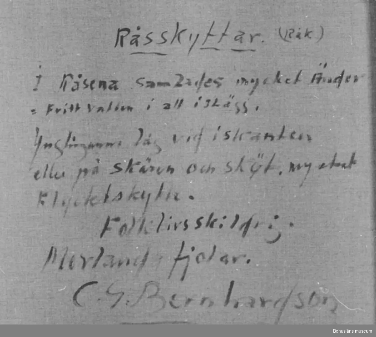 Baksidestext: 
"Råsskyttar. (isråk) 
I Råsena samlades mycket Änder = Fritt vatten i all islägg. Ynglingarna låg vid iskanten eller på skären och sköt, mycket Flyktskytte.
Folklivsskildring Morlanda fjolar.
C.G. Bernhardson."

Ordförklaring: Råsena - isråkorna;  råk = spricka med öppet vatten i ett istäcke,  fjolar = fjordar, flyktskytte = skjuta på flygande fågel.

Litt.: Bernhardson, C.G.: Bohuslänska kustbor, Uddevalla, 1983, s. 124. 
Titel i boken: Råsköttar.

Övrig historik; se CGB001.