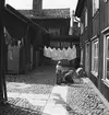 Gårdsinteriör med lekande barn och tvätt som hänger på tork, från Östra Holmgatan 6 i Jönköping på 1940-talet.