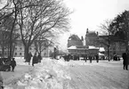 Östra Storgatan och Rådhusparken i Jönköping en vinterdag år 1901. I trähuset vid kanalen finns Anna Åblads Cigarr & Tobakshandel och Emil Anderssons ångbåtskontor.