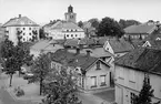 Hustak mellan Kanalgatan och Östra Storgatan i Jönköping. Foto från öster mot Kristine kyrka.