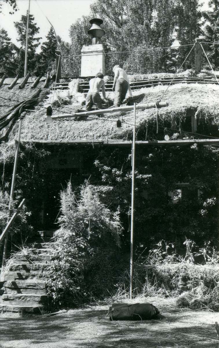 Halmtakläggning på manhusbyggnaden från Krafsagården i Olofstorp, Valinge i september 1980.