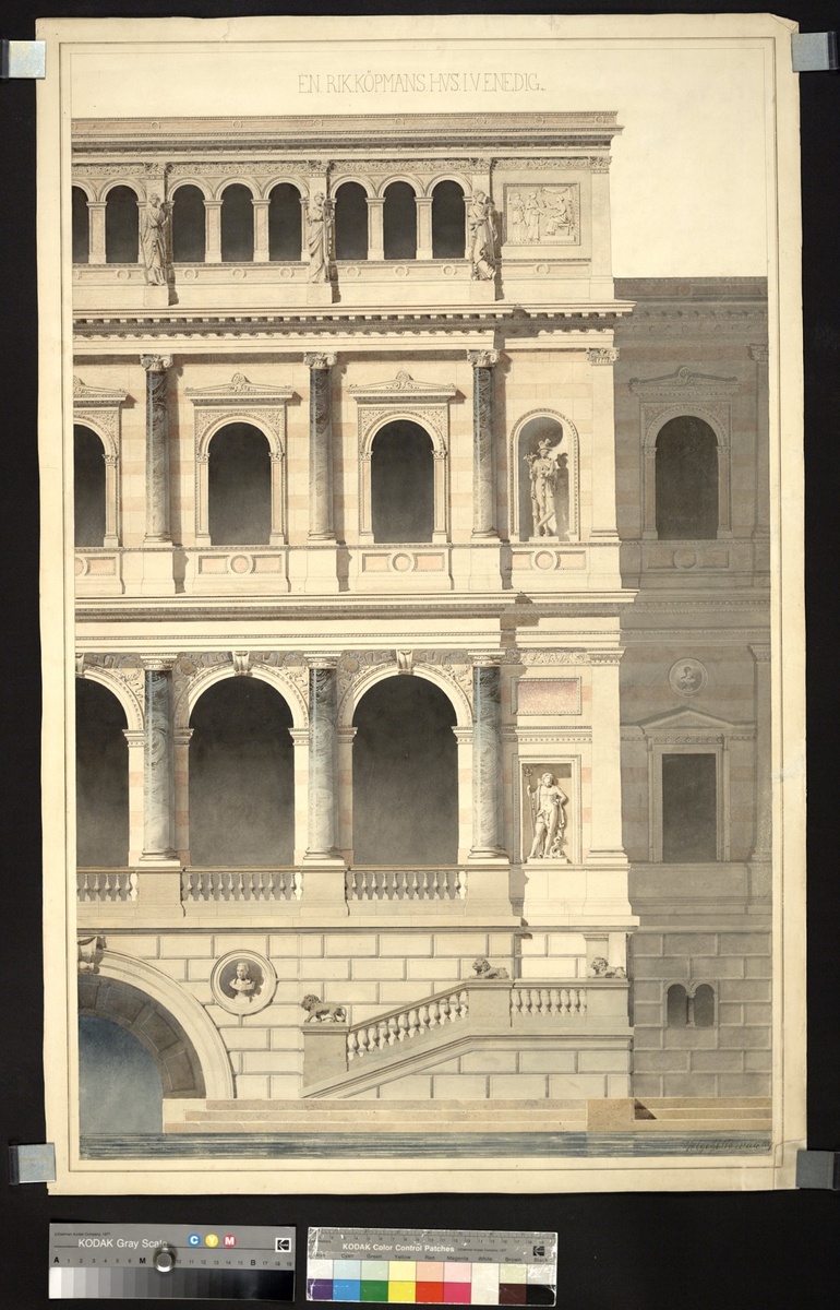 En rik köpmans hus i Venedig.
Fasad. Akvarell, elevarbete.