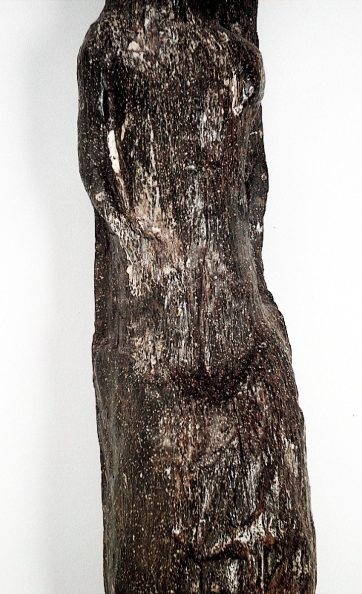 Skulpterad pilaster föreställande en herm eller möjligtvis en karyatid, under jonisk kapitäl.
Huvudet är vridet åt vänster samt prytt med en krona. Armarna hålls sträckta utefter sidorna.
Kroppen övergår i det med blad- och blomornamentik rikt sirade pilasterskaftet som smalnar av nedåt. Skaftet avgränsas genom en enkel vulst eller list från den rikt sirade och mjukt utbuktande piedestalen. Nedtill är piedestalen försedd med en bred bas. Skulpturens baksidan är slät.
Skulpturen är sliten.

Text in English: Sculptered pilaster with a Herm, or possibly a Caryatid, beneath an Ionic capital.
The head, with a crown, is turned to the left. The arms are streched out along the sides.
The body extends into the shaft of the pilaster, which tapers downwards and is richly decorated with leaf and flower ornamentation. A simple torus or batten separates the shaft from the richly decorated, softly bulging pedestal that has a broad base. The back of the sculpture is smooth.
The sculpture is worn.