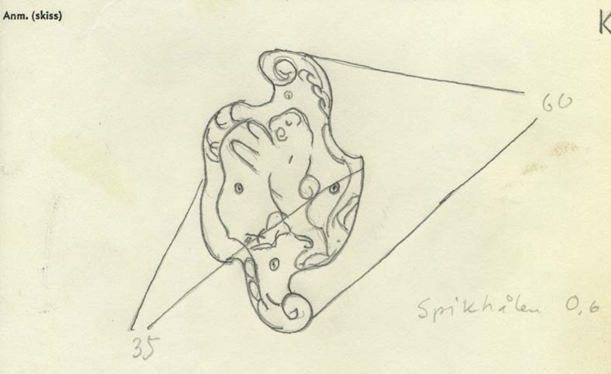 Skulpterad sköld med upprätt, mot höger gående lejon. Lejonet är snidat i hög relief, med heraldiskt stiliserad hållning. Sköldens kontur är rokokomässig, med kanter av varierande bredd och rik pärlbroskdekoration. Upptill avslutas skölden med en ellipsformad broskvolut. Sköldens baksida är slät.

Text in English: Shield with upright, rightward-facing lion. The lion is carved in high relief and reproduced in perspective. It is seen in profile, and its posture is heraldically stylised. The shield has an almost rococo-like outline, with edges of varying width and rich earshell work decorations.The top is finished with an ellipse-shaped pearlwork scroll. The reverse side of the shield is smooth.
